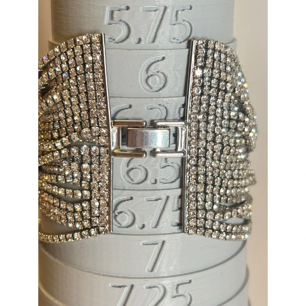 Vintage Y2K Rhinestone Bracelet Multi Strand Silver Tone Wide Cuff Bridal 6.25